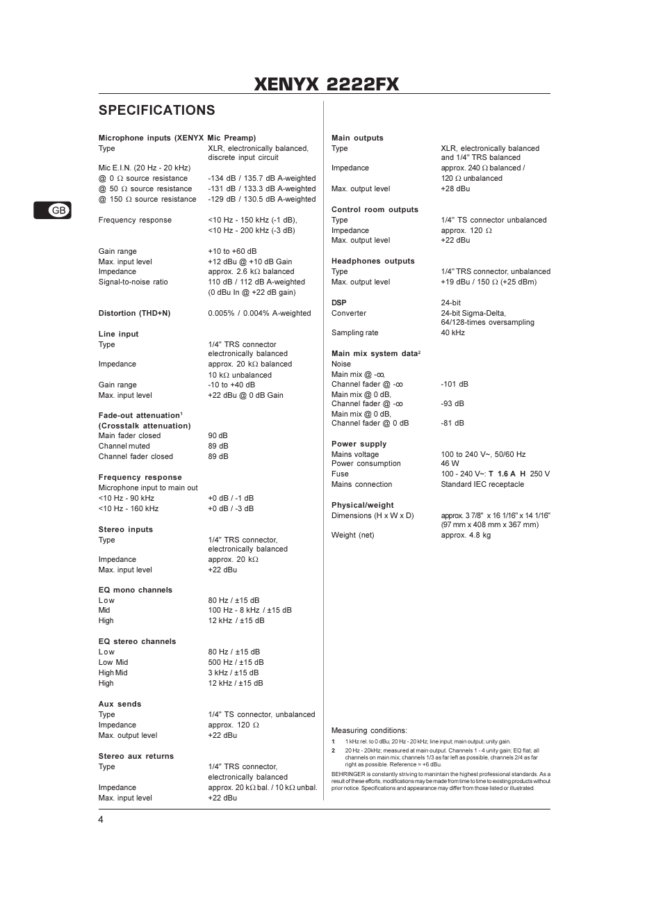 Xenyx 2222fx, Specifications | Behringer XENYX 2222FX User Manual | Page 4 / 5