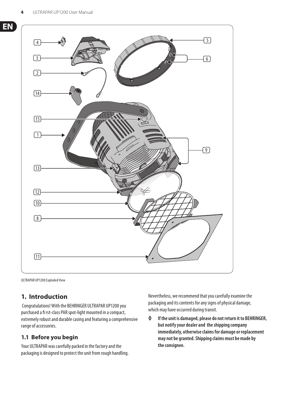 Introduction, 1 before you begin | Behringer ultrapar up1200 User Manual | Page 4 / 8