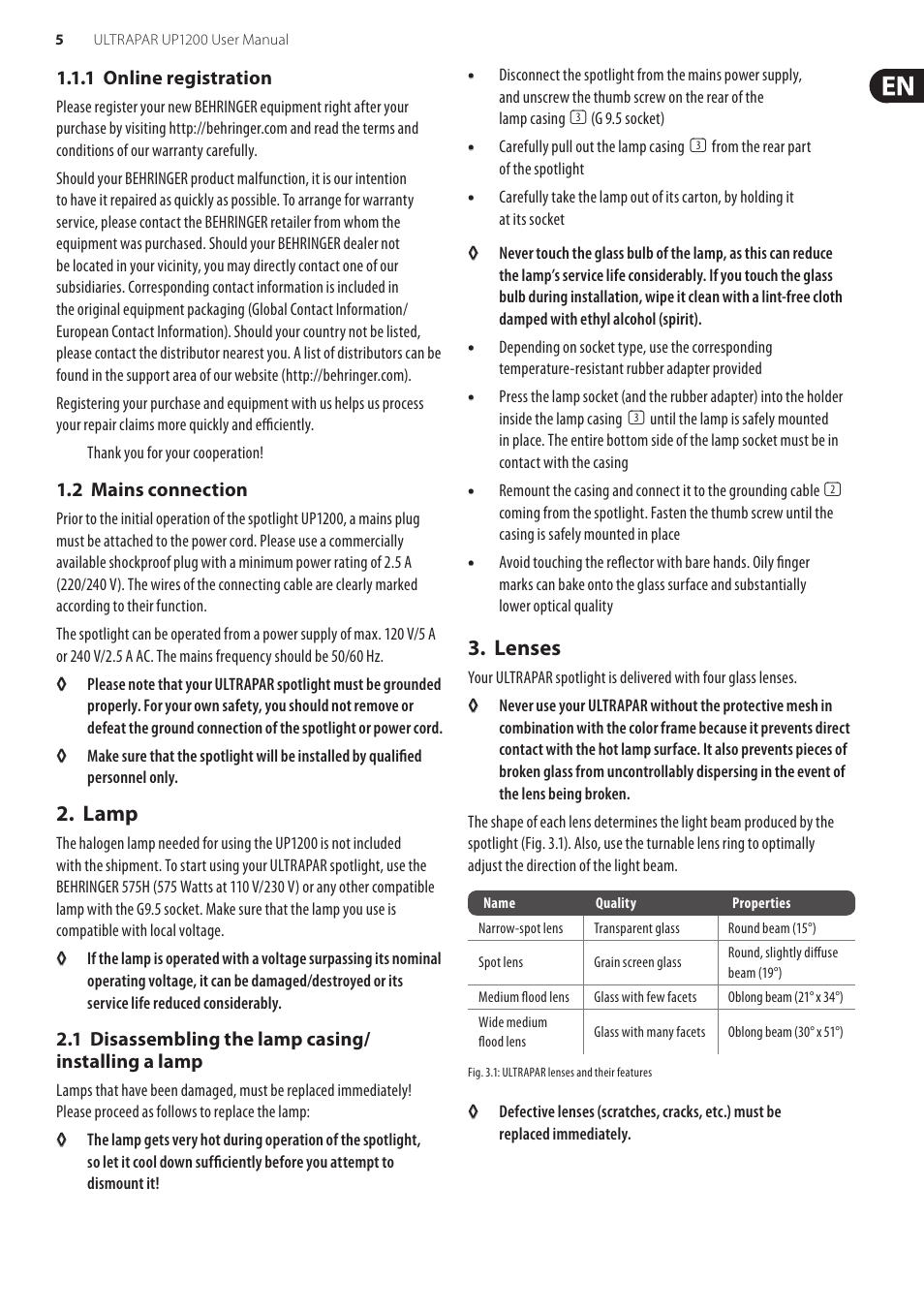 1 online registration, 2 mains connection, Lamp | 1 disassembling the lamp casing/installing a lamp, Lenses | Behringer ultrapar up1200 User Manual | Page 5 / 8