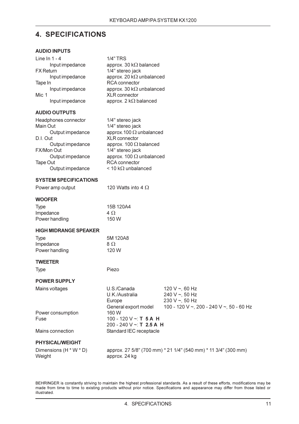 Specifications | Behringer Keyboard Amp/Pa system KX1200 User Manual | Page 11 / 12