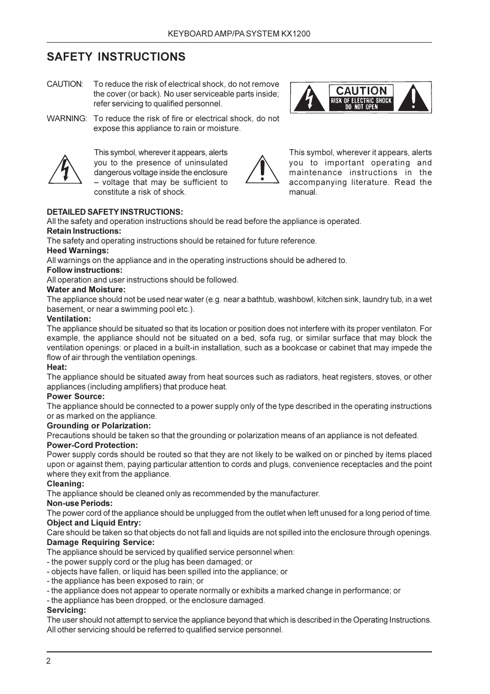 Safety instructions | Behringer Keyboard Amp/Pa system KX1200 User Manual | Page 2 / 12