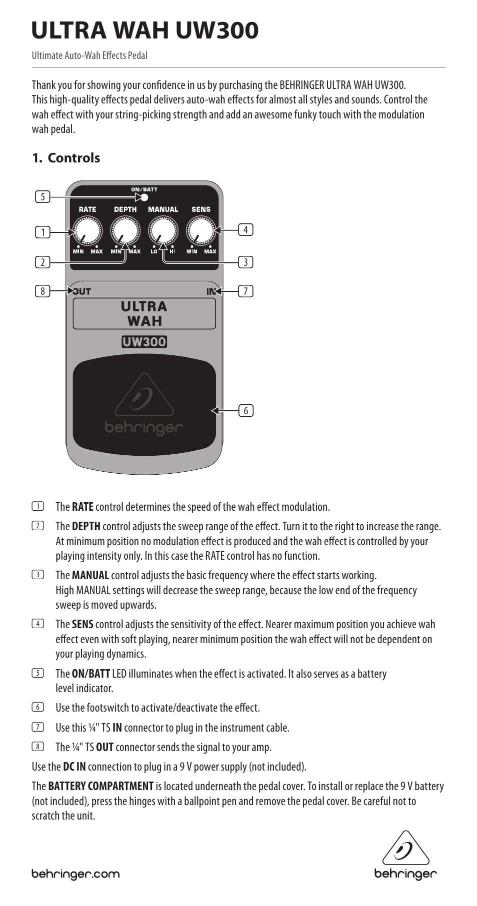 Behringer Ultimate Auto-Wah Effects Pedal UW300 User Manual | 2 pages