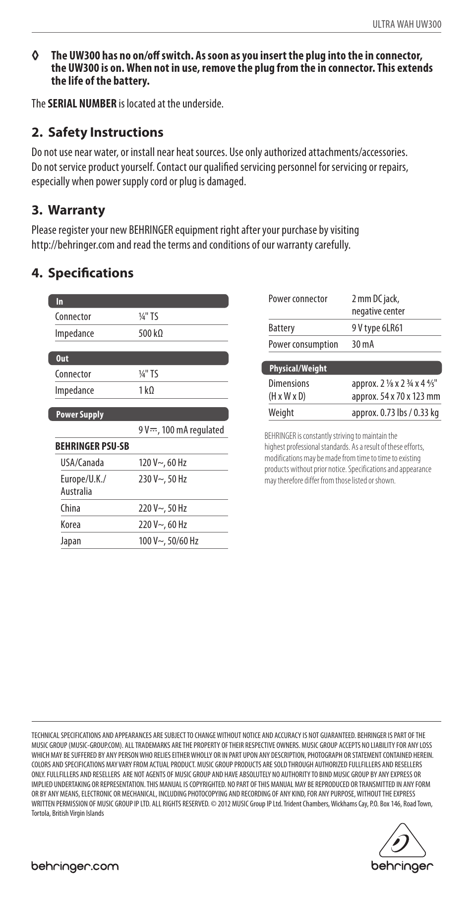 Safety instructions, Warranty, Specifications | Behringer Ultimate Auto-Wah Effects Pedal UW300 User Manual | Page 2 / 2