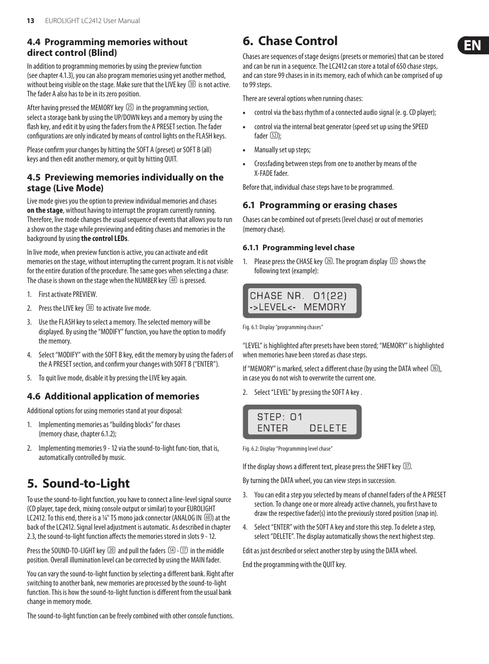 Sound-to-light, Chase control, Sound-to-light 6. chase control | Behringer Eurolight 24-Channel DMX Lighting Console LC2412 User Manual | Page 13 / 24