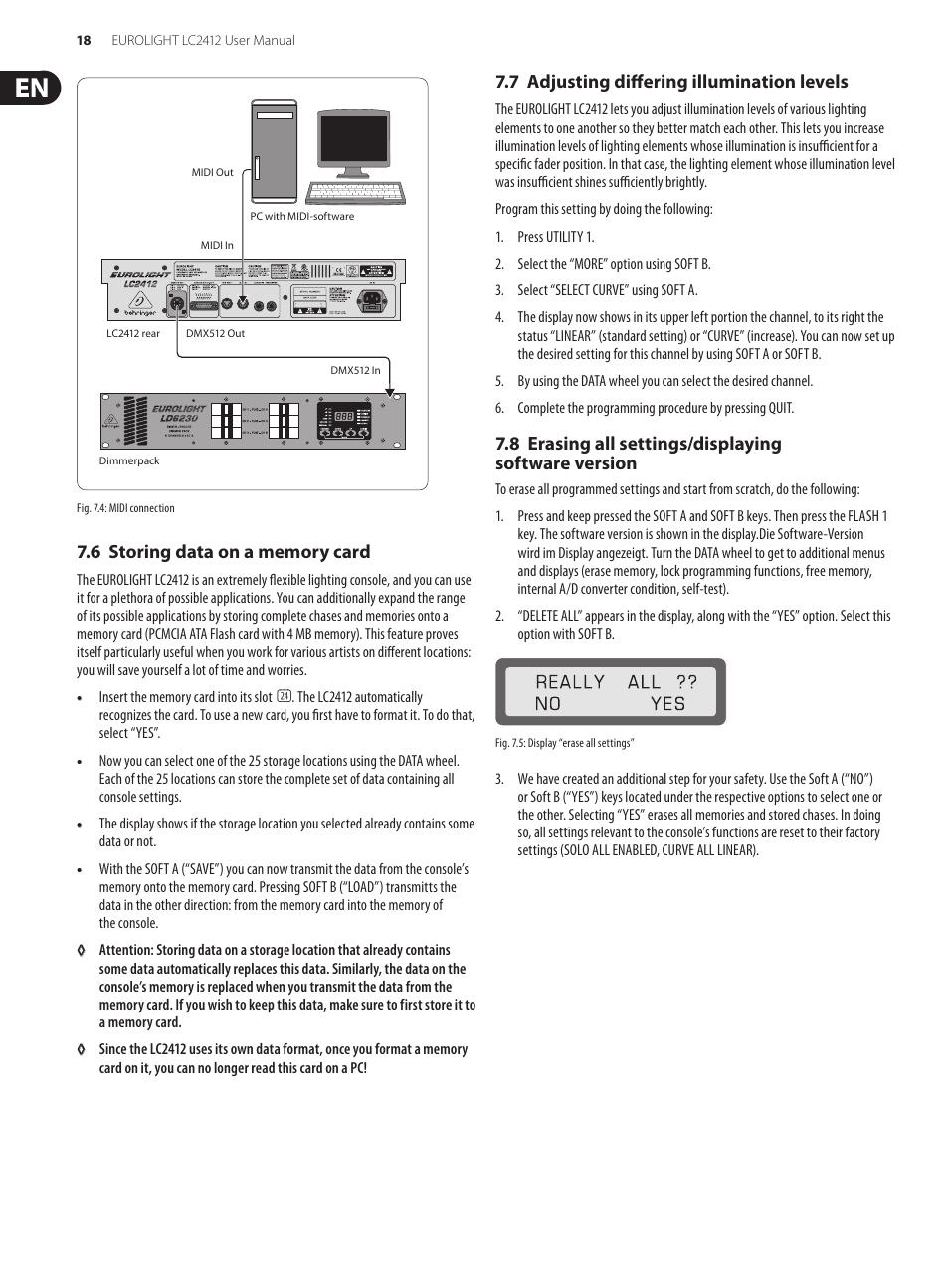 7 adjusting differing illumination levels, 8 erasing all settings/displaying software version | Behringer Eurolight 24-Channel DMX Lighting Console LC2412 User Manual | Page 18 / 24