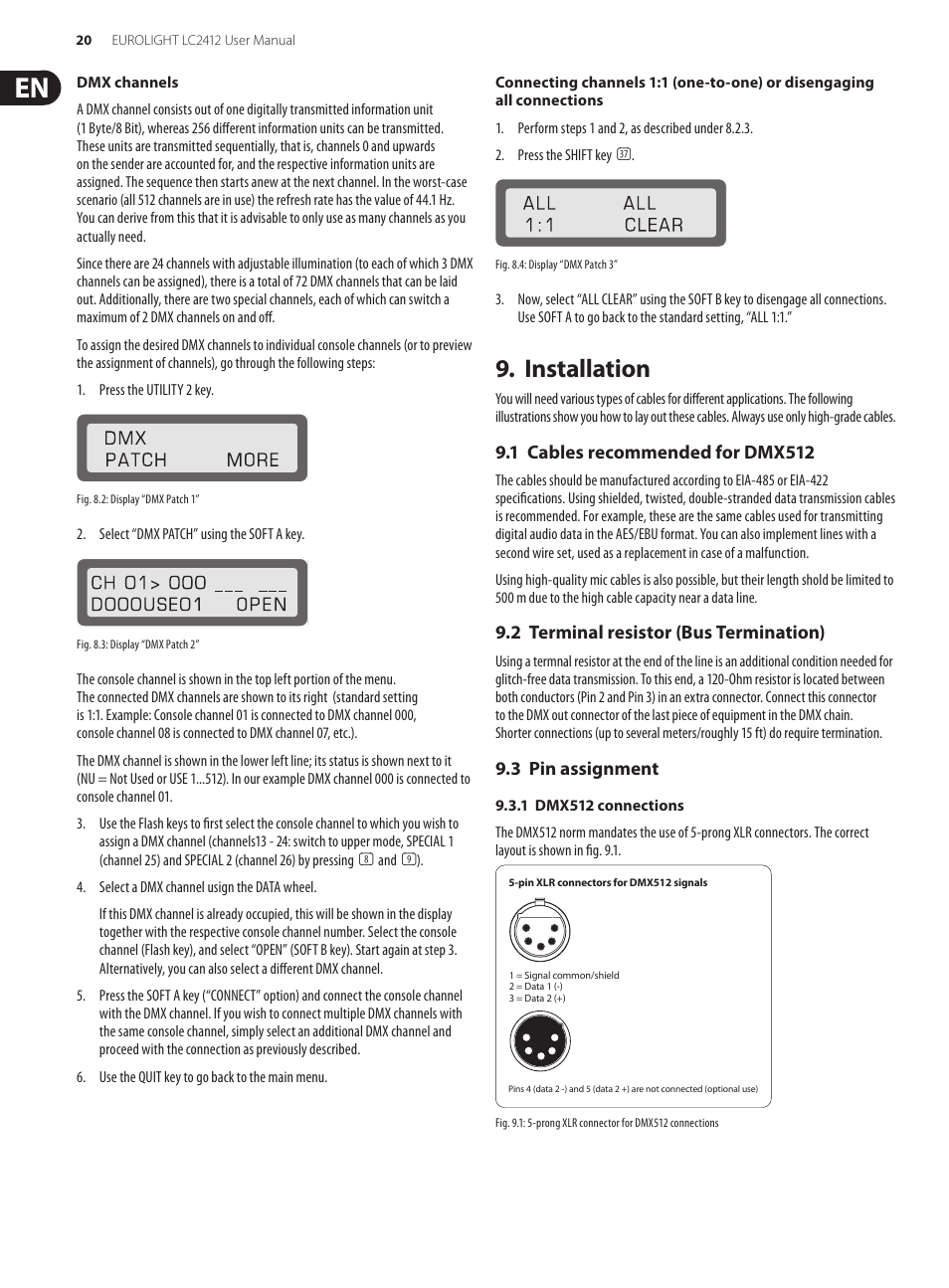 Installation, 1 cables recommended for dmx512, 2 terminal resistor (bus termination) | 3 pin assignment | Behringer Eurolight 24-Channel DMX Lighting Console LC2412 User Manual | Page 20 / 24