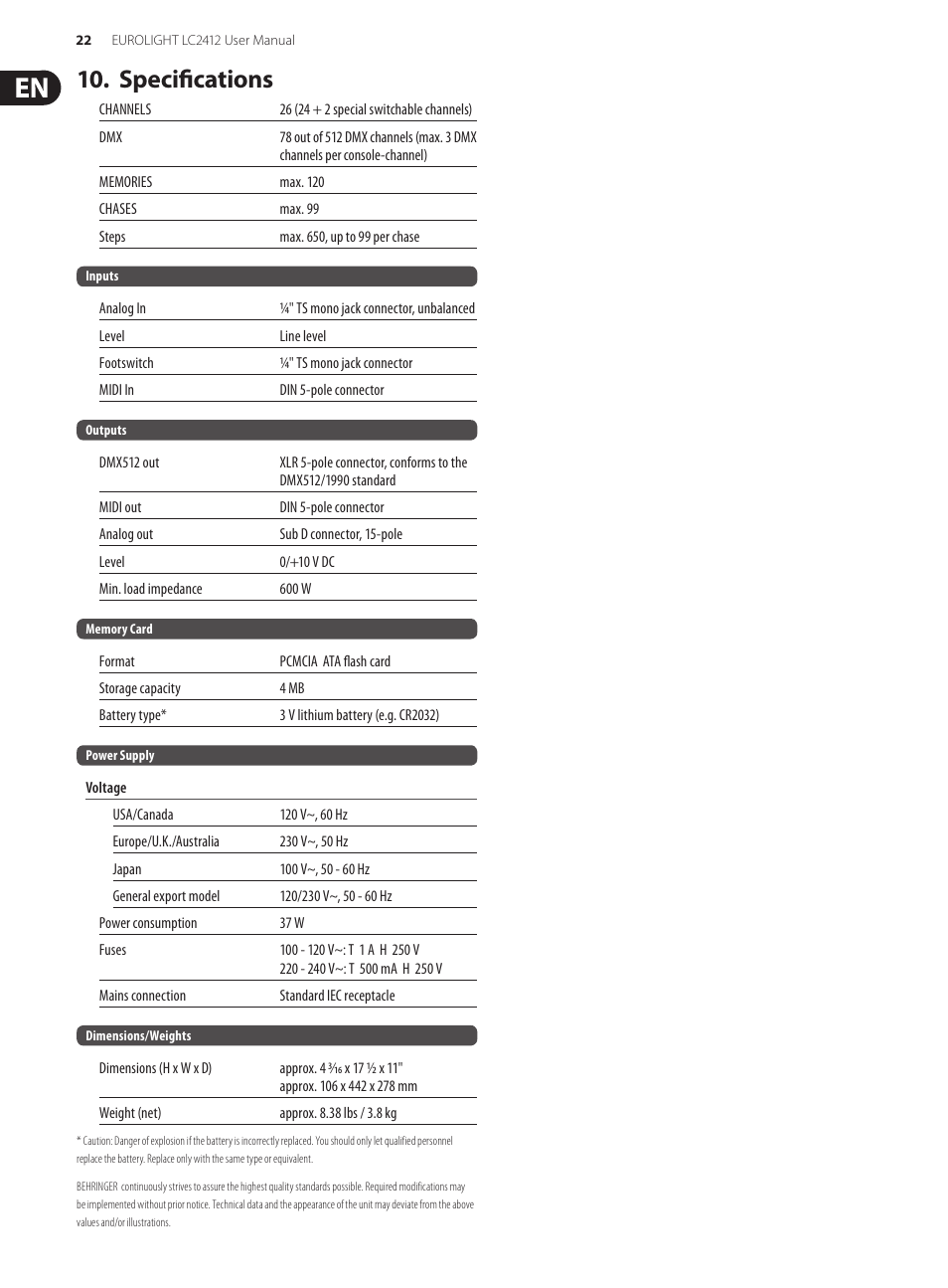 Specifications | Behringer Eurolight 24-Channel DMX Lighting Console LC2412 User Manual | Page 22 / 24