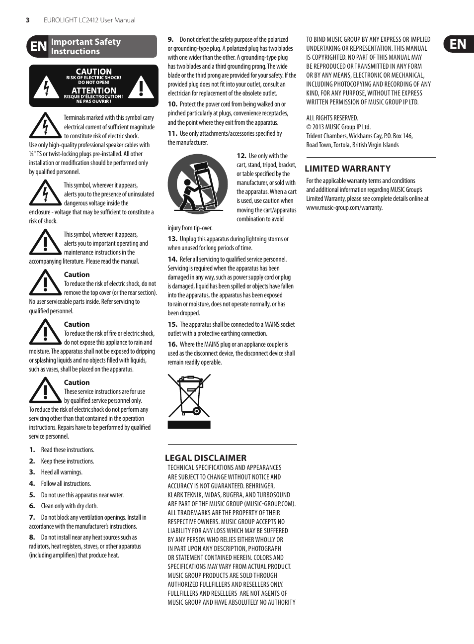 Important safety instructions, Legal disclaimer, Limited warranty | Behringer Eurolight 24-Channel DMX Lighting Console LC2412 User Manual | Page 3 / 24