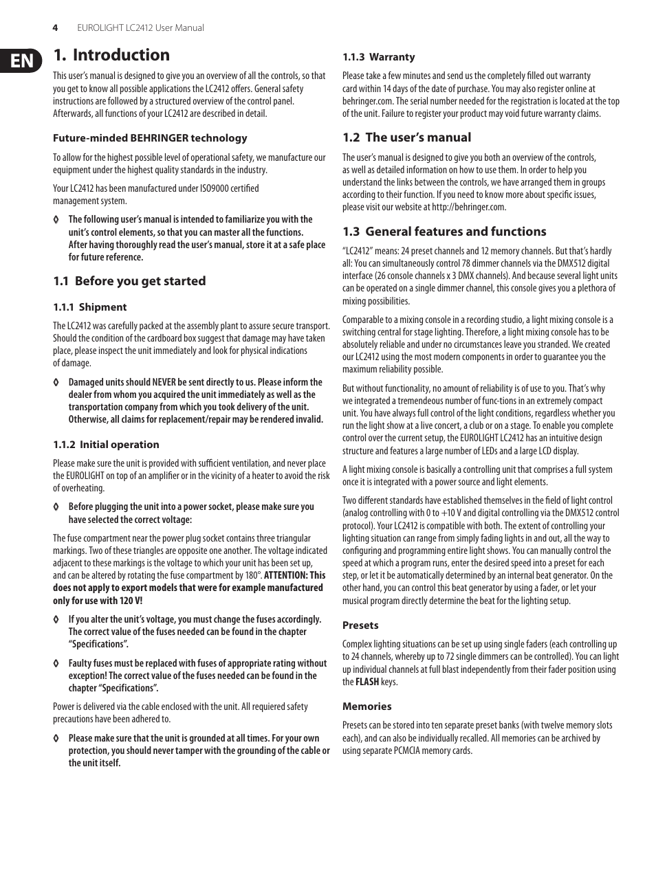Introduction | Behringer Eurolight 24-Channel DMX Lighting Console LC2412 User Manual | Page 4 / 24