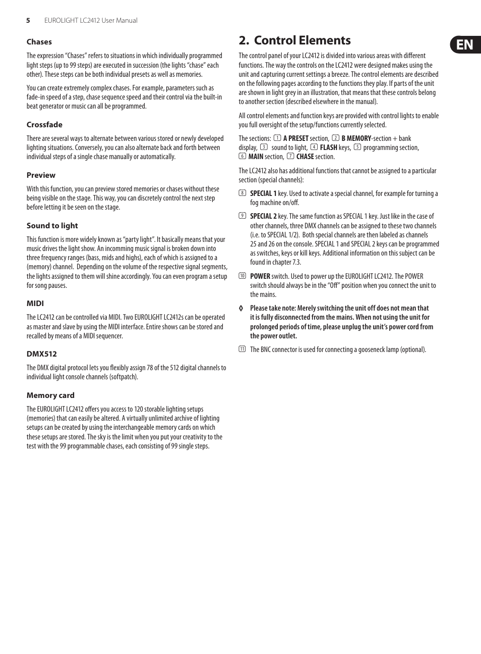 Control elements | Behringer Eurolight 24-Channel DMX Lighting Console LC2412 User Manual | Page 5 / 24