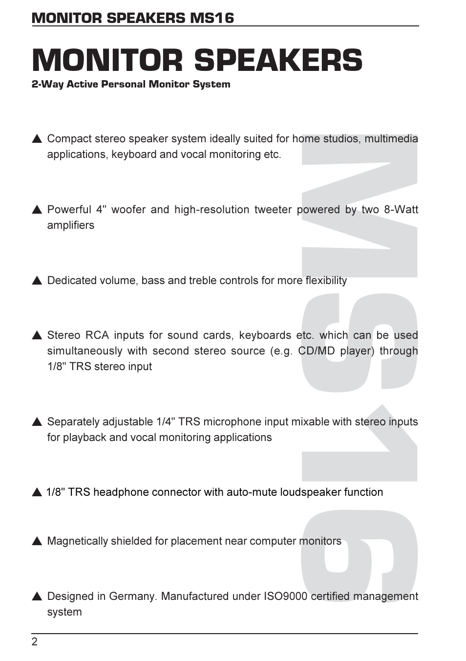 Ms1 6, Monitor speakers | Behringer MS16 User Manual | Page 2 / 3