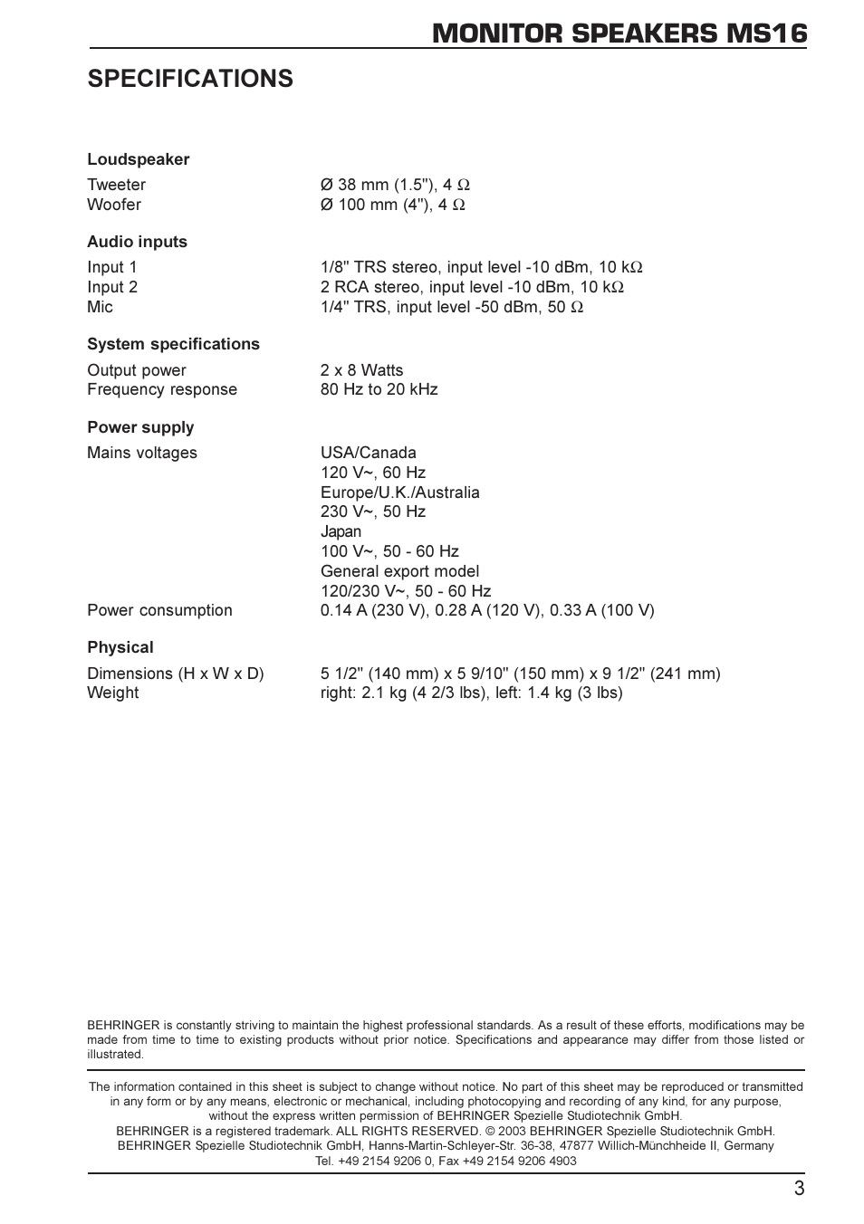 Monitor speakers ms16, Specifications | Behringer MS16 User Manual | Page 3 / 3