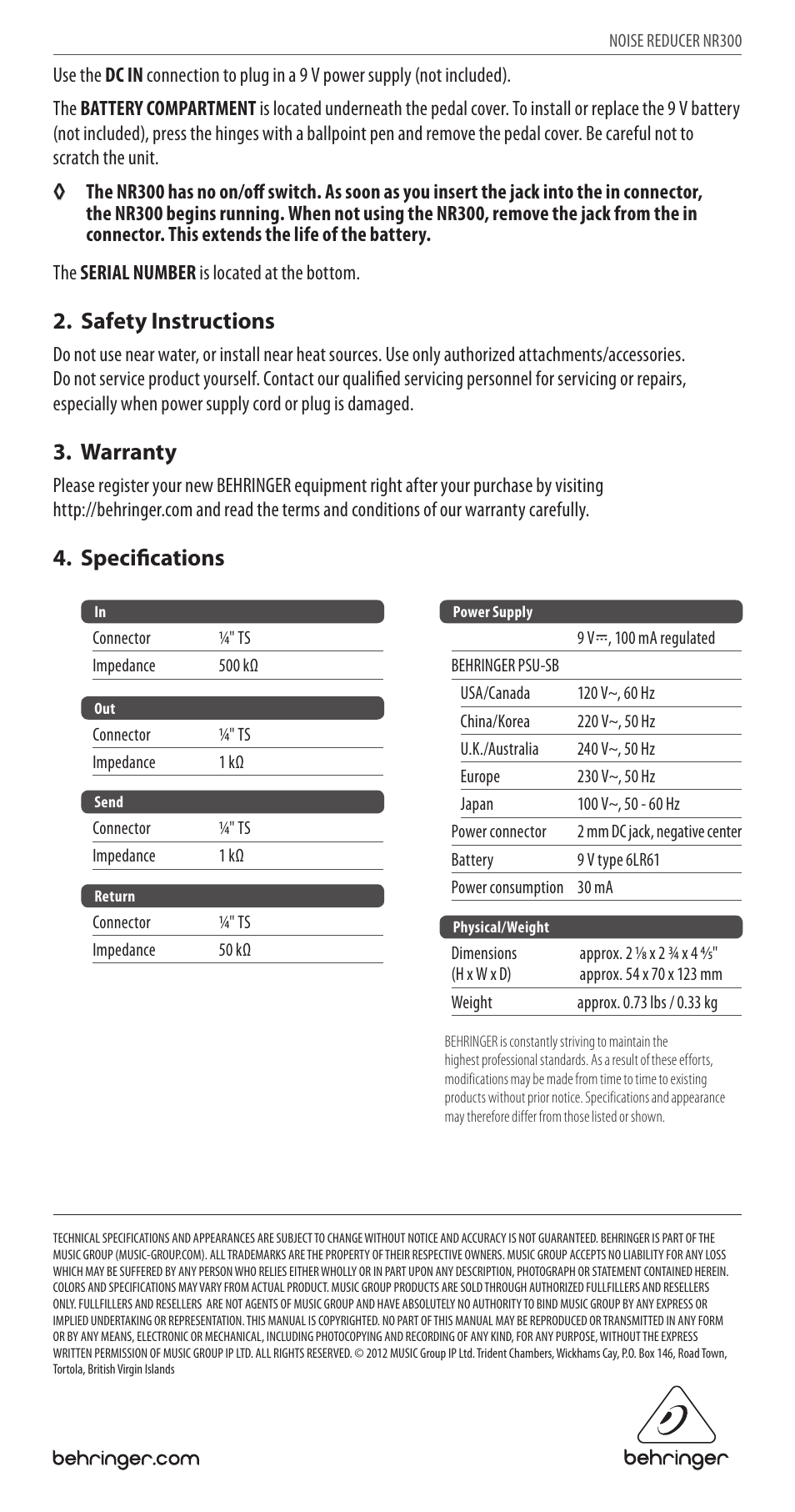 Safety instructions, Warranty, Specifications | Behringer Noise Reducer NR300 User Manual | Page 2 / 2