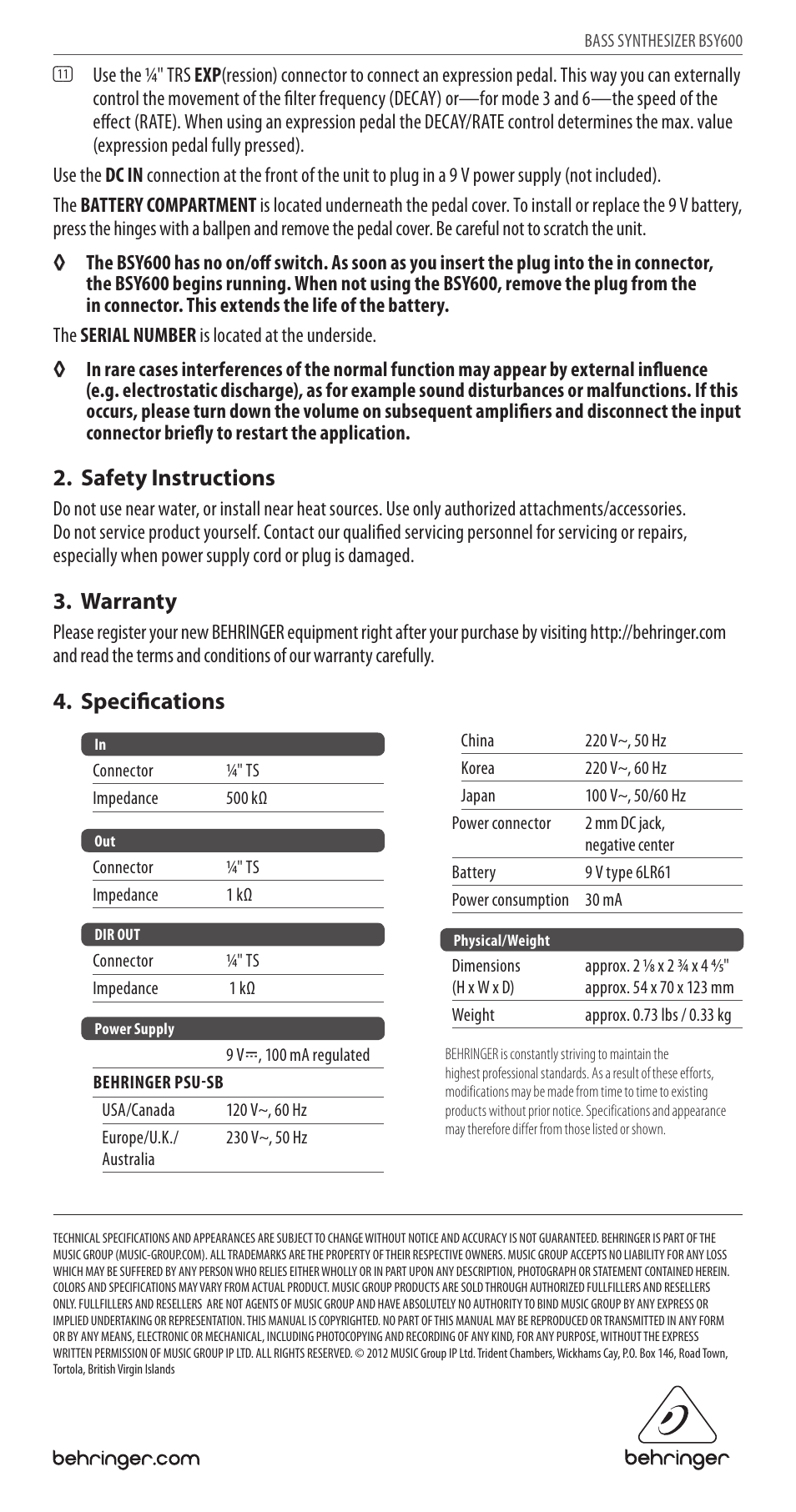 Safety instructions, Warranty, Specifications | Behringer Bass Synthesizer BS Y600 User Manual | Page 2 / 2