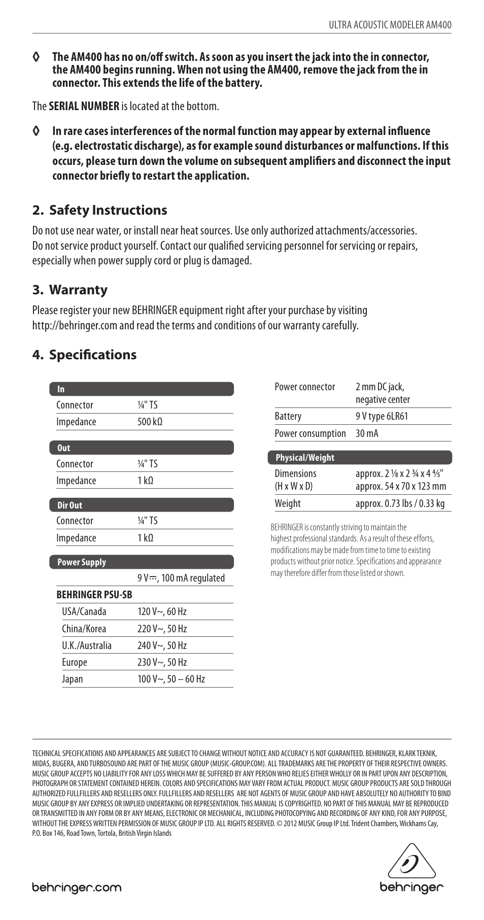 Safety instructions, Warranty, Specifications | Behringer ULTRA ACOUSTIC MODELER AM400 User Manual | Page 2 / 2