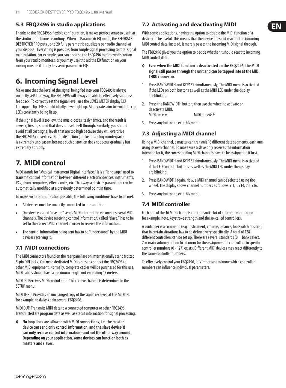 Incoming signal level, Midi control, Incoming signal level 7. midi control | Behringer Feedback Destroyer Pro FBQ2496 User Manual | Page 11 / 16