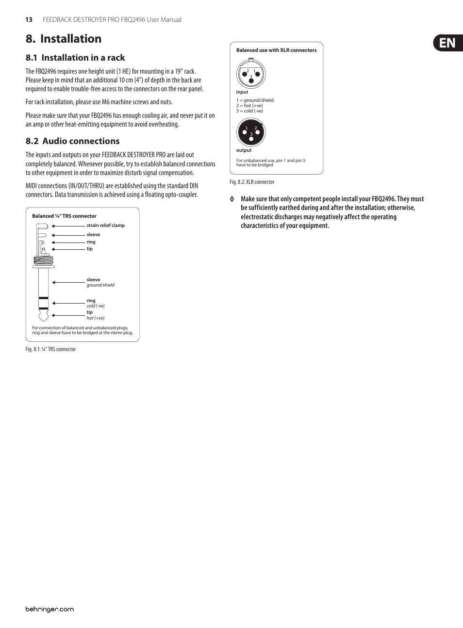 Installation, 1 installation in a rack, 2 audio connections | Behringer Feedback Destroyer Pro FBQ2496 User Manual | Page 13 / 16