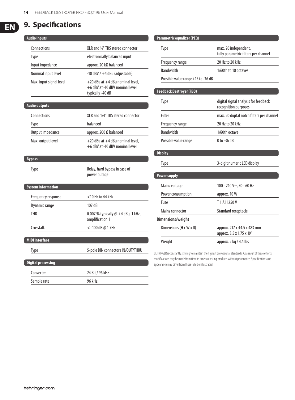 Specifications | Behringer Feedback Destroyer Pro FBQ2496 User Manual | Page 14 / 16