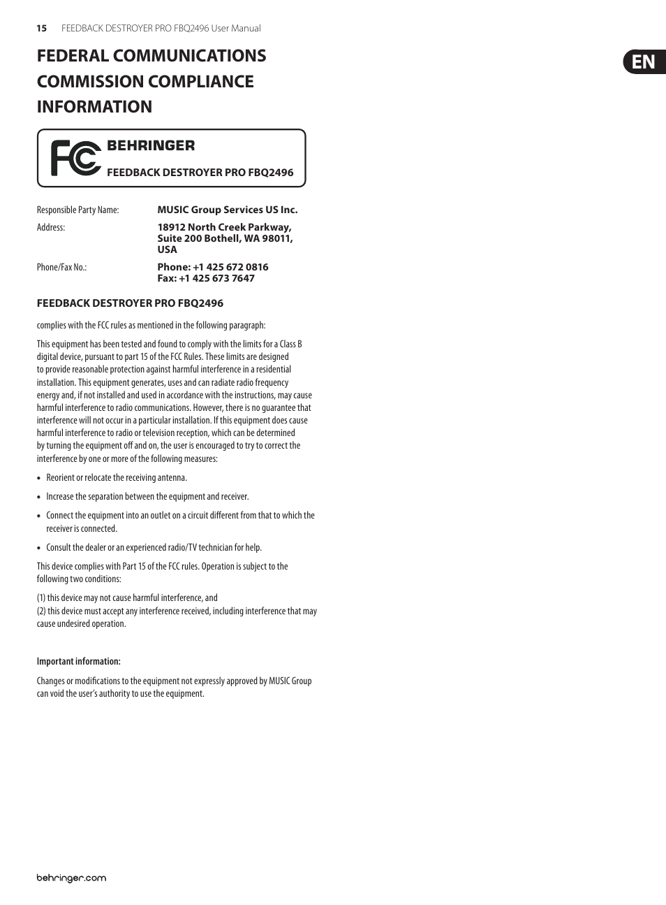 Behringer Feedback Destroyer Pro FBQ2496 User Manual | Page 15 / 16