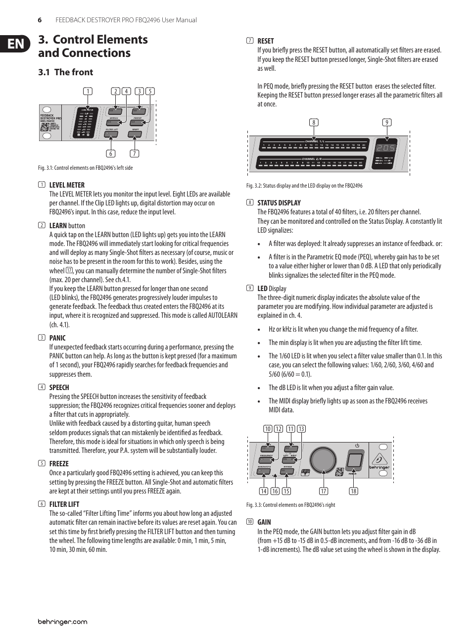 Control elements and connections | Behringer Feedback Destroyer Pro FBQ2496 User Manual | Page 6 / 16