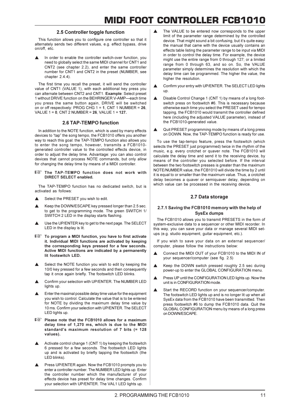 Midi foot controller fcb1010, 11 2.5 controller toggle function, 6 tap-tempo function | 7 data storage, Programming the fcb1010 | Behringer FCB1010 User Manual | Page 11 / 16