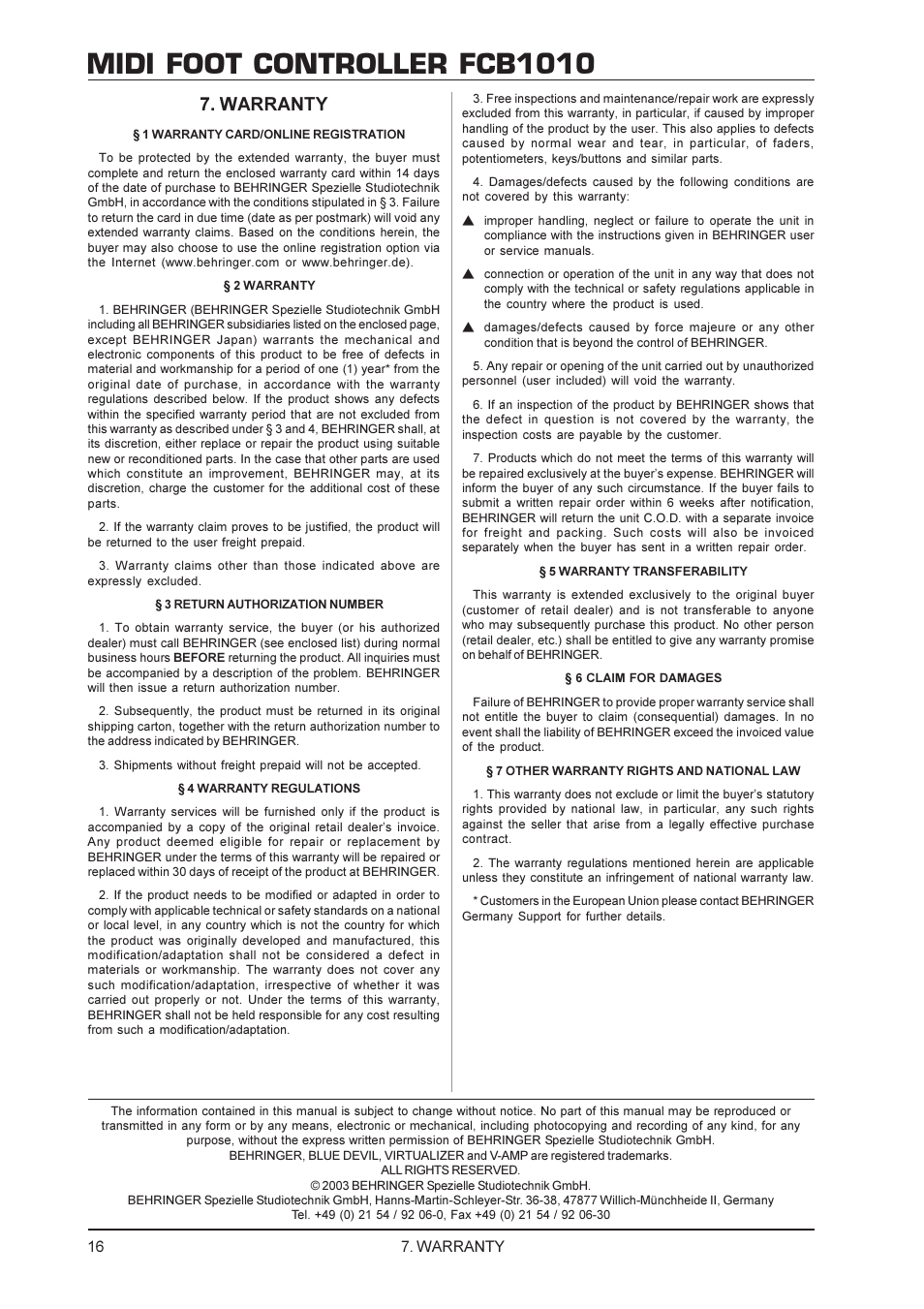 Midi foot controller fcb1010, Warranty, 16 7. warranty | Behringer FCB1010 User Manual | Page 16 / 16