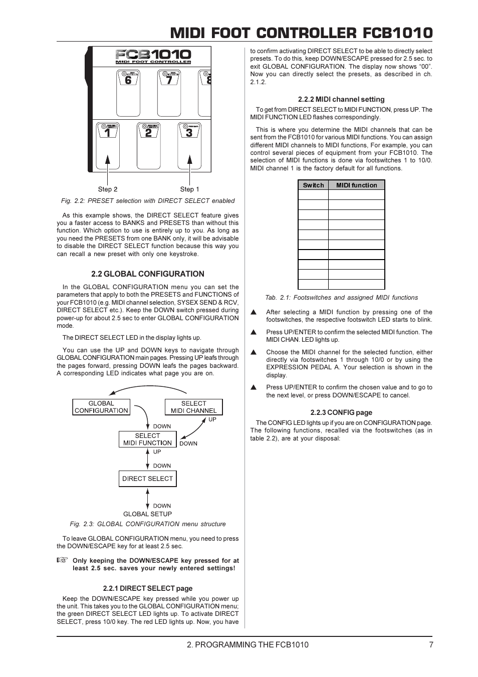 Midi foot controller fcb1010, Programming the fcb1010, 2 global configuration | Behringer FCB1010 User Manual | Page 7 / 16