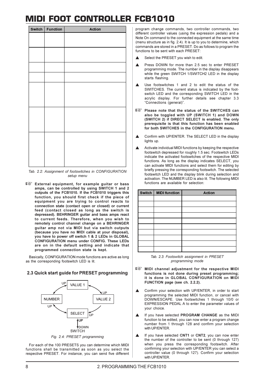 Midi foot controller fcb1010, 3 quick start guide for preset programming, Programming the fcb1010 | Behringer FCB1010 User Manual | Page 8 / 16