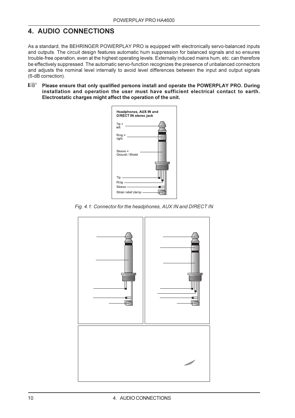 Audio connections | Behringer PRO HA4600 User Manual | Page 10 / 12