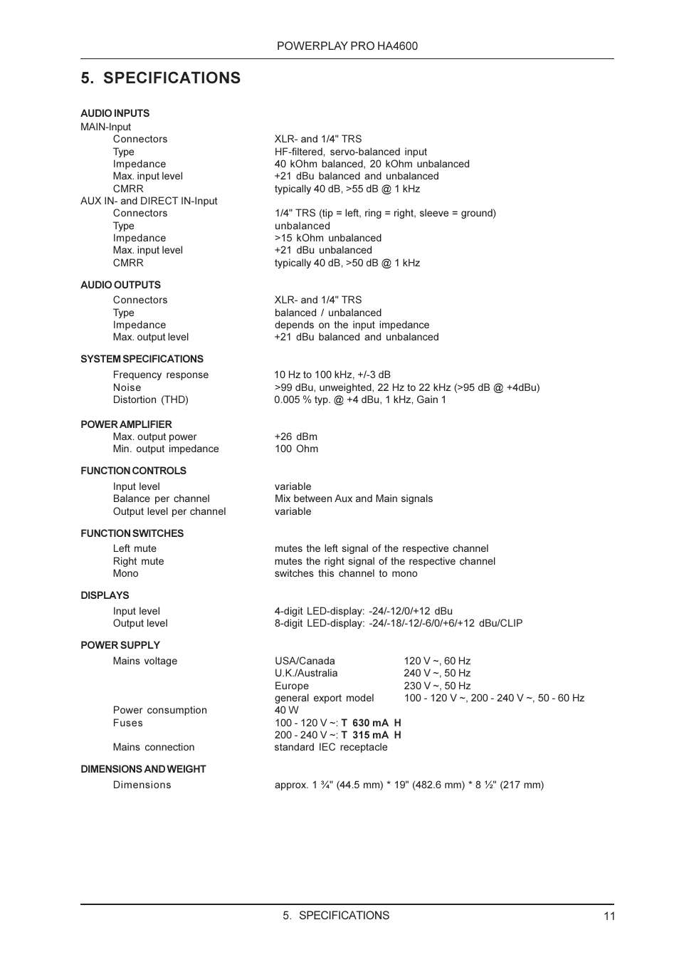 Specifications | Behringer PRO HA4600 User Manual | Page 11 / 12