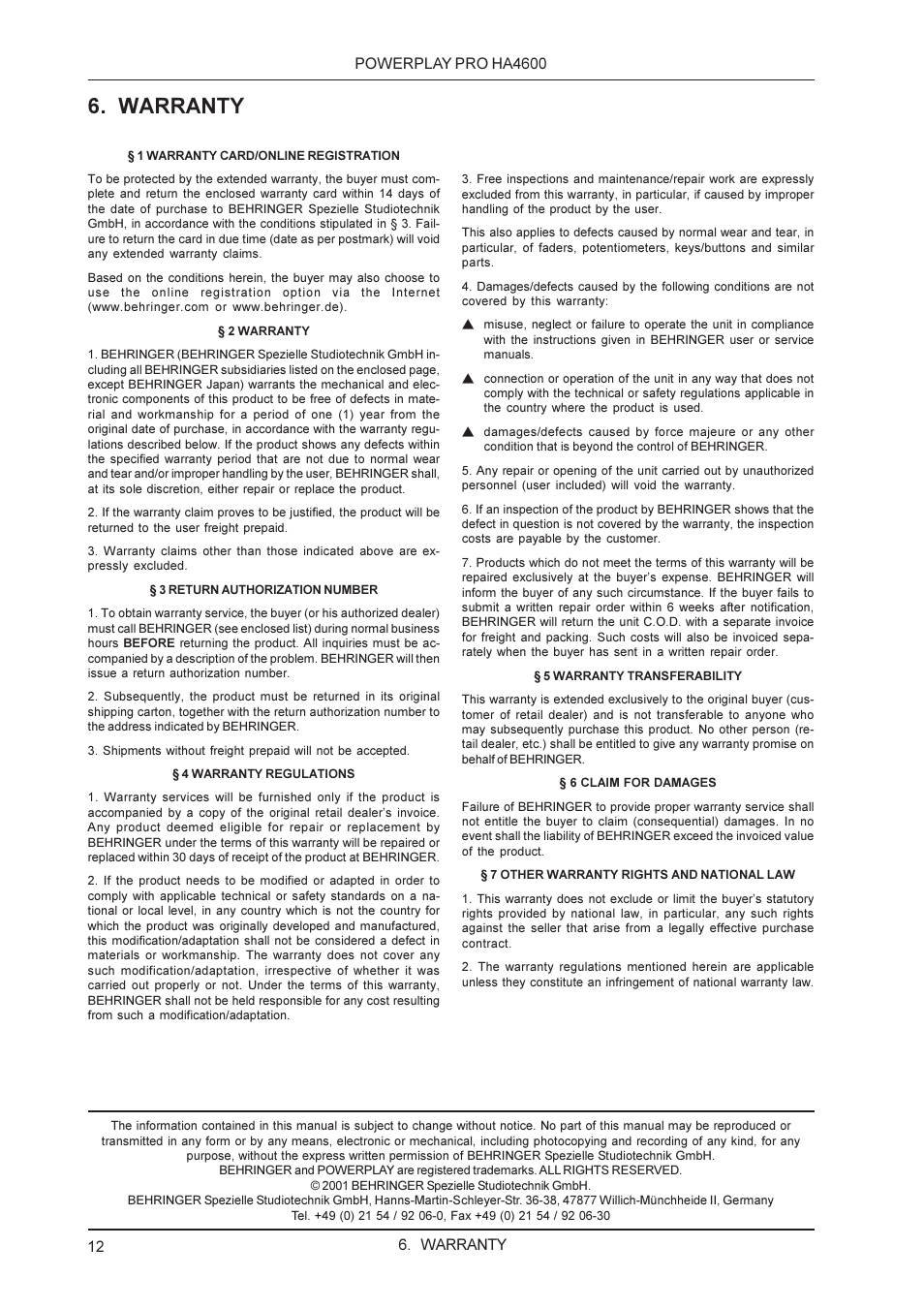 Warranty | Behringer PRO HA4600 User Manual | Page 12 / 12