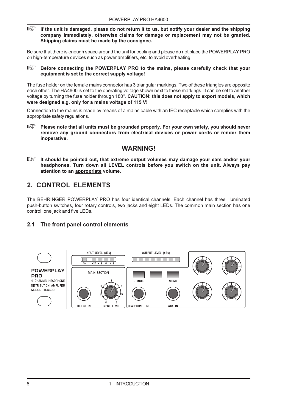 Warning, Control elements | Behringer PRO HA4600 User Manual | Page 6 / 12