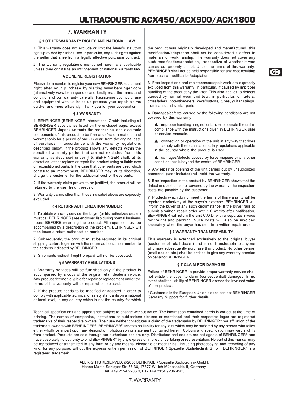 Warranty | Behringer ACX1800 User Manual | Page 11 / 11