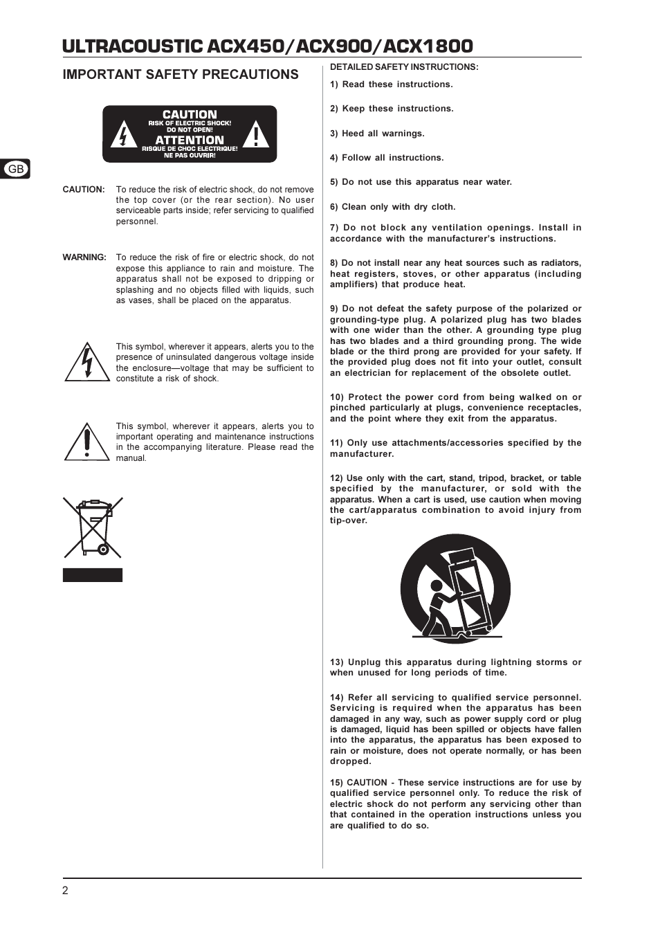 Important safety precautions | Behringer ACX1800 User Manual | Page 2 / 11