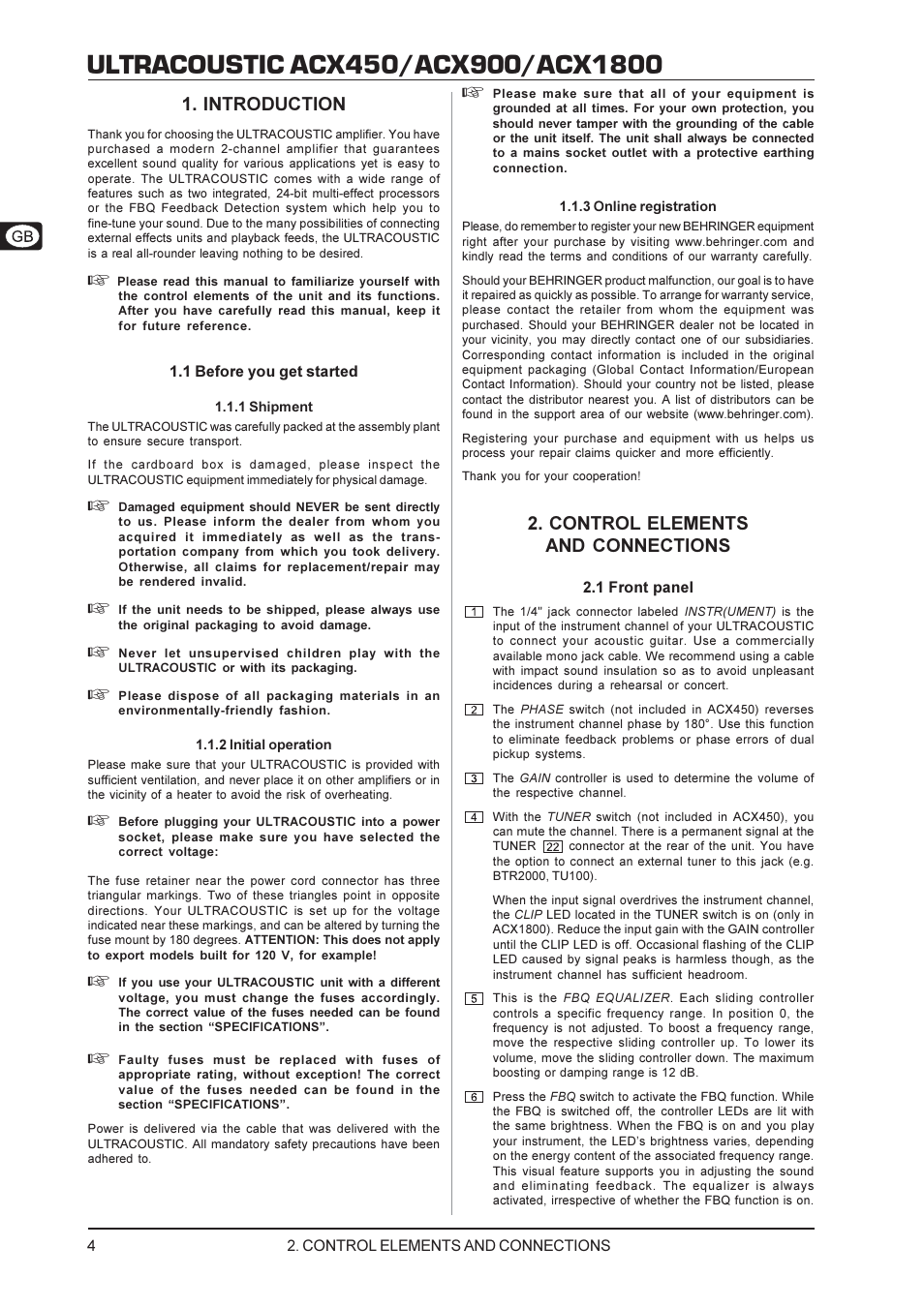 Introduction, Control elements and connections | Behringer ACX1800 User Manual | Page 4 / 11