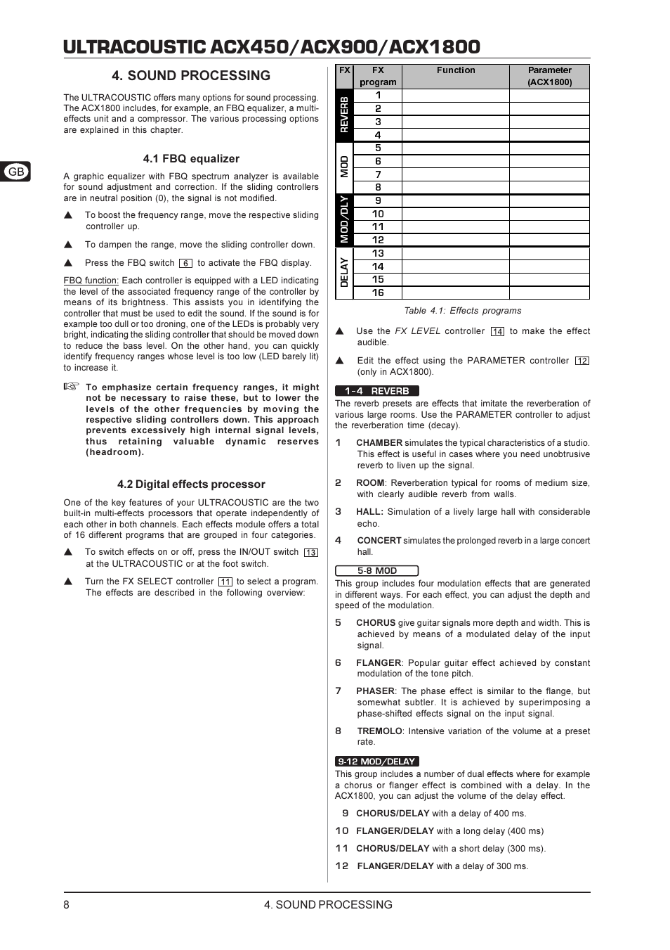 Sound processing, 1 fbq equalizer, 2 digital effects processor | Behringer ACX1800 User Manual | Page 8 / 11