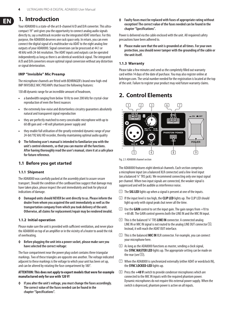 Introduction, 1 before you get started, 1 shipment | 2 initial operation, 3 warranty, Control elements, 1 shipment 1.1.2 initial operation 1.1.3 warranty | Behringer ULTRAGAIN PRO-8 DIGITAL ADA8000 User Manual | Page 4 / 9