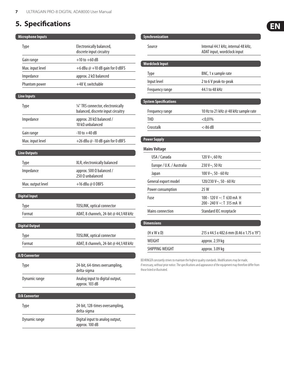 Specifications | Behringer ULTRAGAIN PRO-8 DIGITAL ADA8000 User Manual | Page 7 / 9