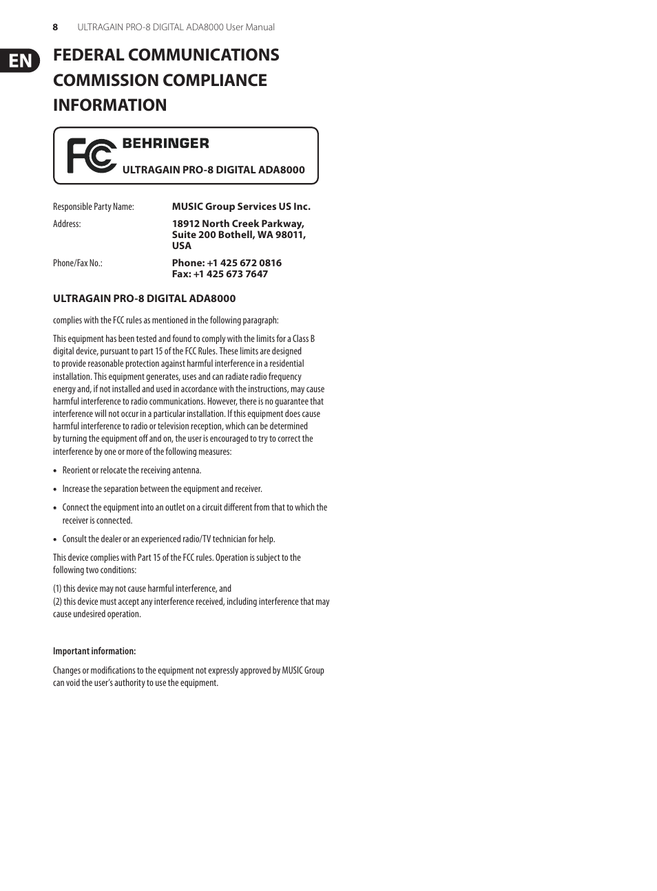 Behringer ULTRAGAIN PRO-8 DIGITAL ADA8000 User Manual | Page 8 / 9