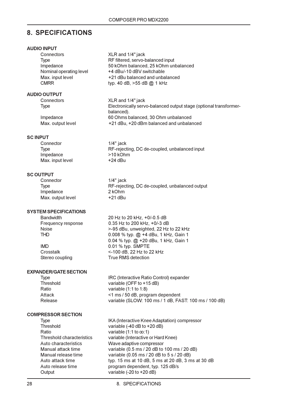 Specifications | Behringer MDX2200 User Manual | Page 28 / 30