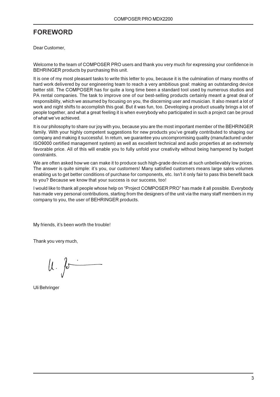 Foreword | Behringer MDX2200 User Manual | Page 3 / 30