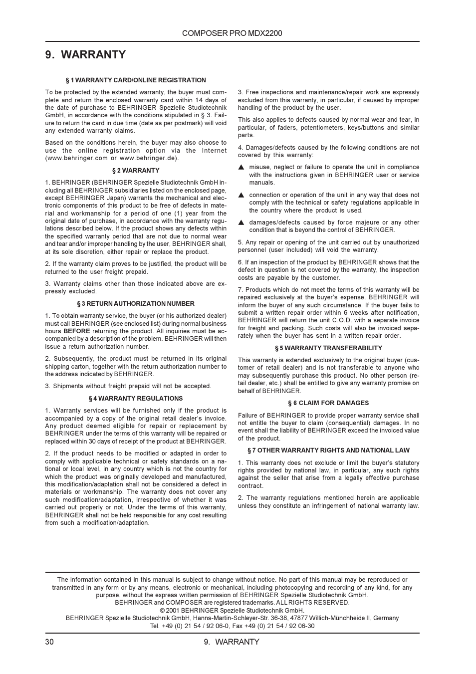 Warranty | Behringer MDX2200 User Manual | Page 30 / 30