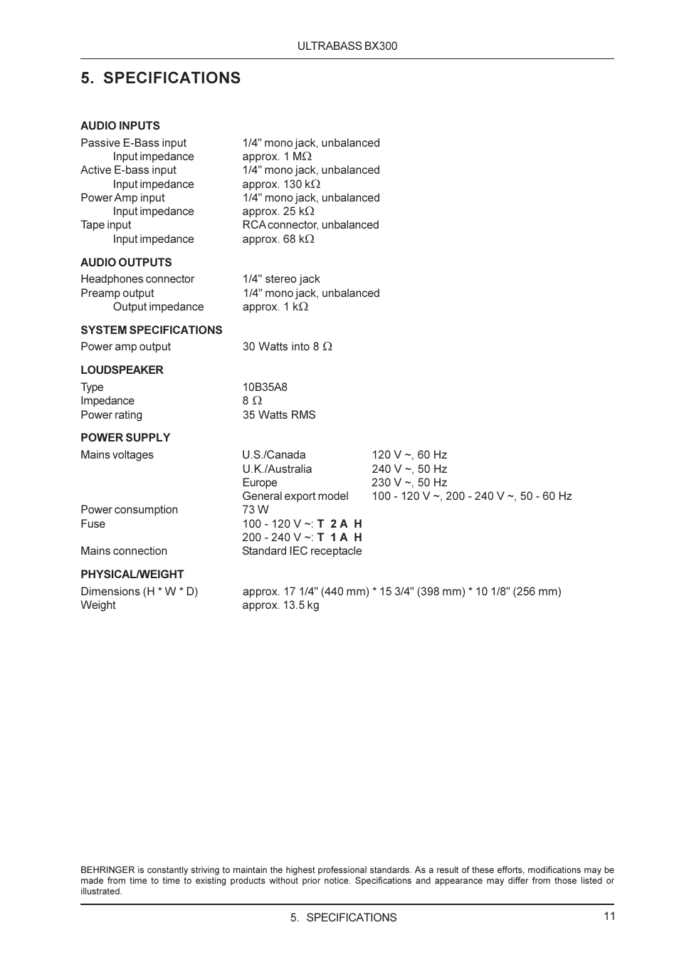 Specifications | Behringer BX300 User Manual | Page 11 / 12