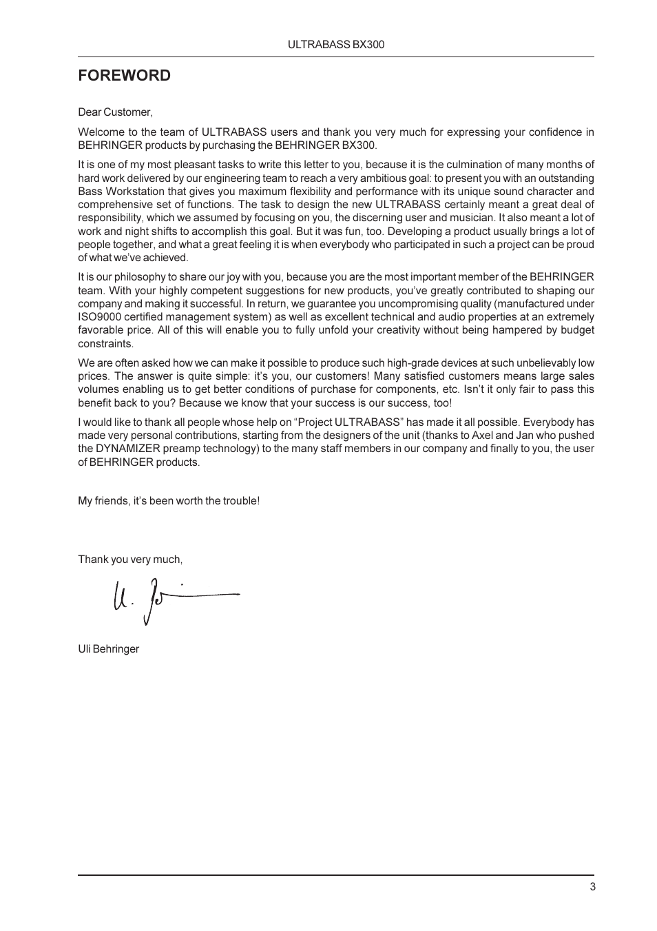 Foreword | Behringer BX300 User Manual | Page 3 / 12