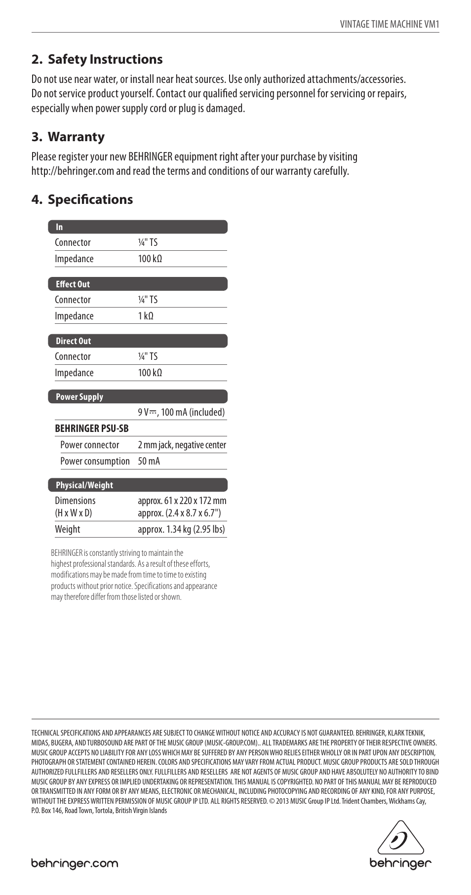 Safety instructions, Warranty, Specifications | Behringer Vintage Time Machine VM1 User Manual | Page 2 / 2