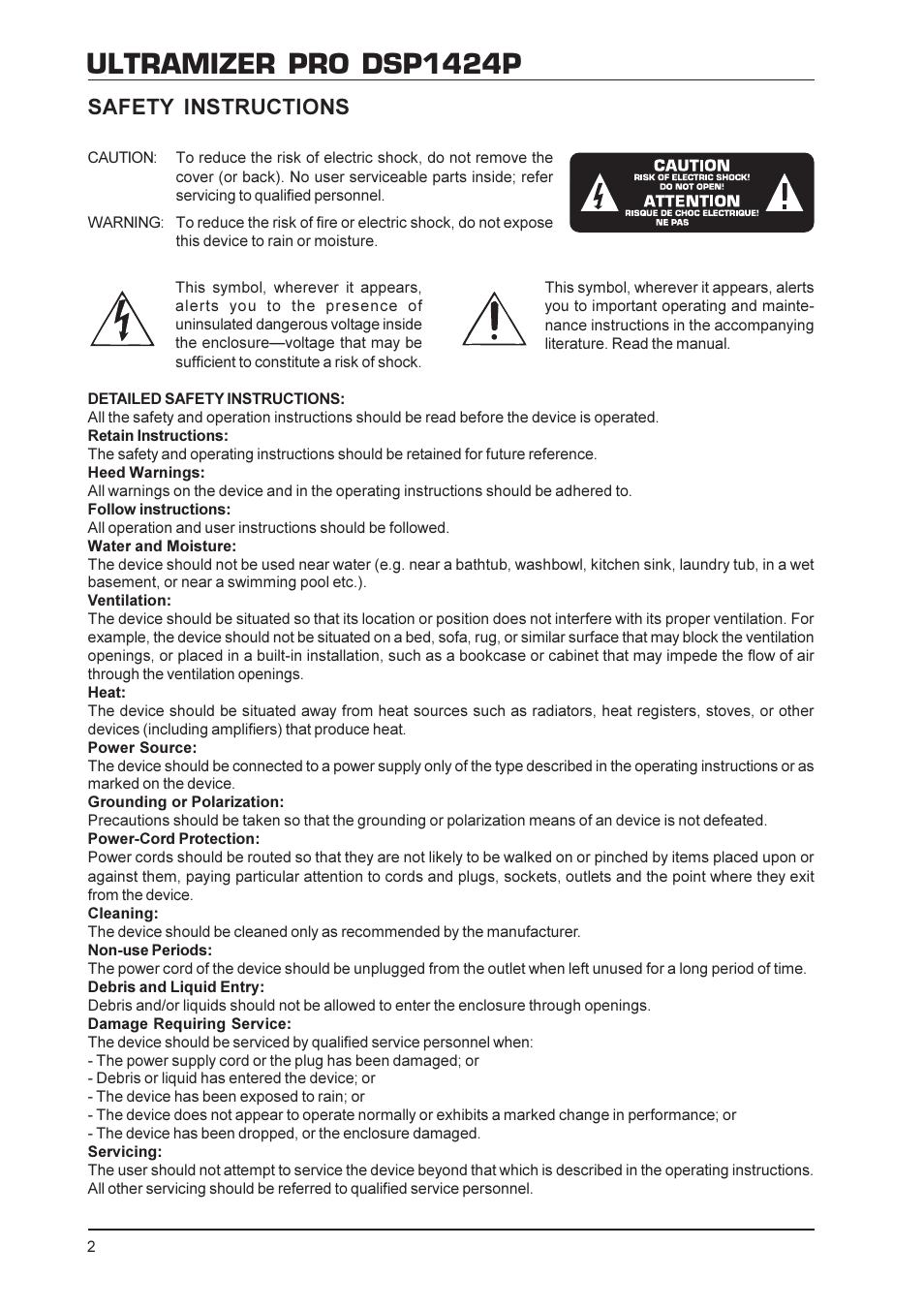 Ultramizer pro dsp1424p, Safety instructions | Behringer DSP1424P User Manual | Page 2 / 25