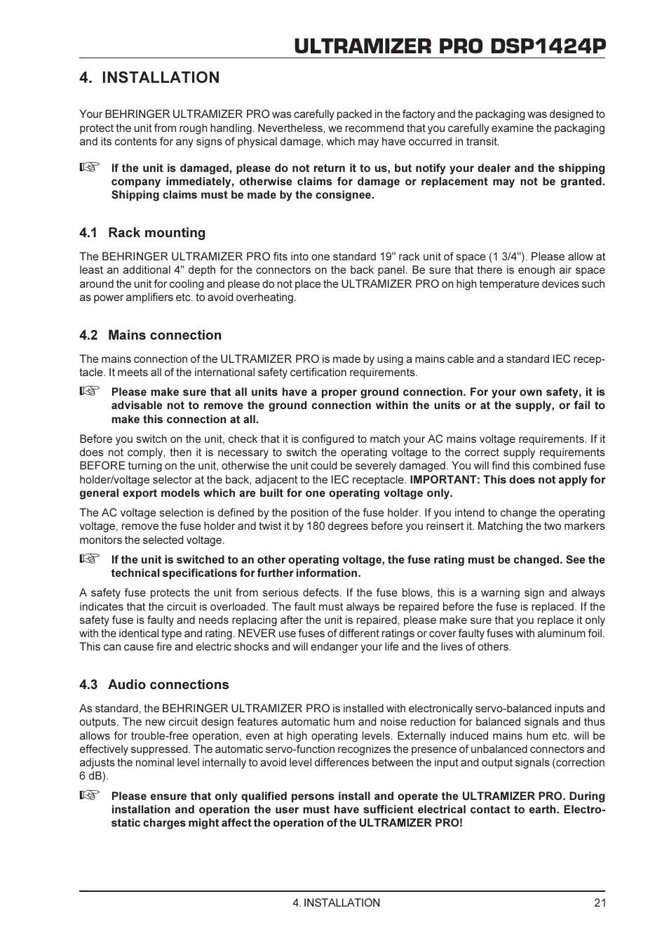 Ultramizer pro dsp1424p, Installation | Behringer DSP1424P User Manual | Page 21 / 25
