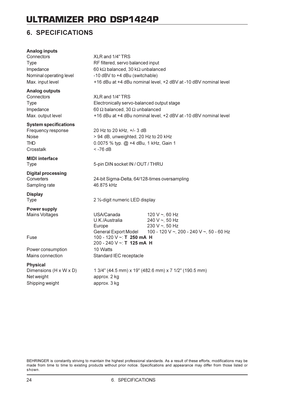 Ultramizer pro dsp1424p, Specifications | Behringer DSP1424P User Manual | Page 24 / 25