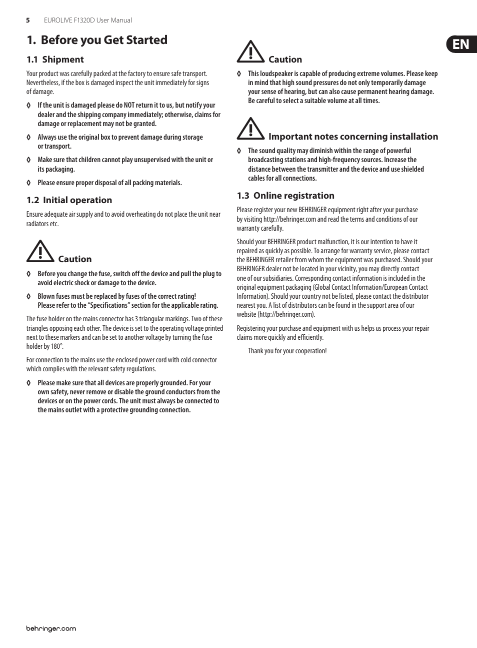 Before you get started, 1 shipment, 2 initial operation | 3 online registration | Behringer EUROLIVE F1320D User Manual | Page 5 / 10