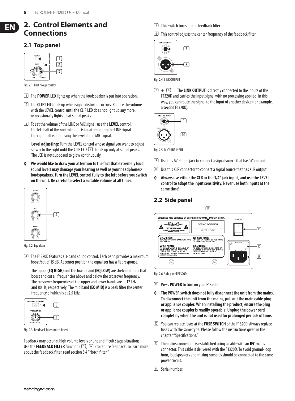 Control elements and connections, 1 top panel, 2 side panel | 1 top panel 2.2 side panel | Behringer EUROLIVE F1320D User Manual | Page 6 / 10